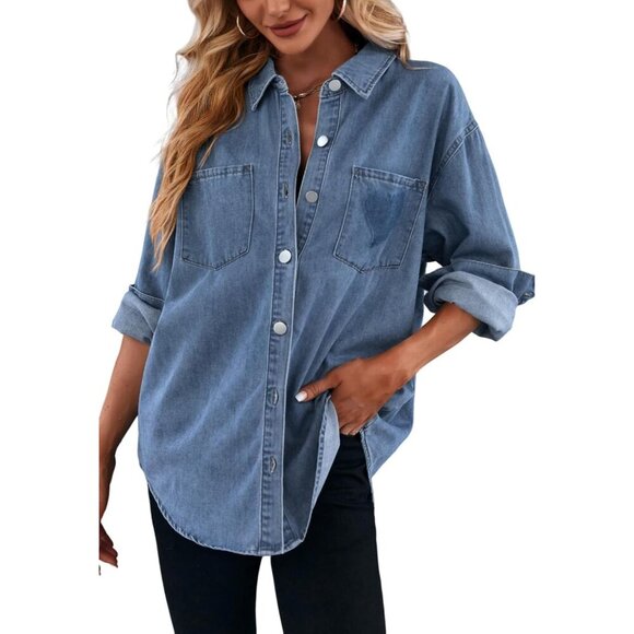 Tops - Women's Oversized Denim Shirt Long Sleeve Casual Button Down Pockets Light Blue